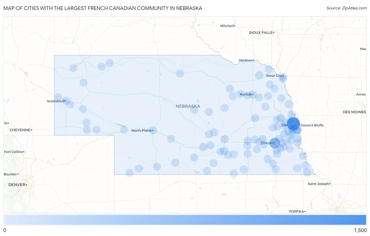 Cities with the Largest French Canadian Community in Nebraska Map