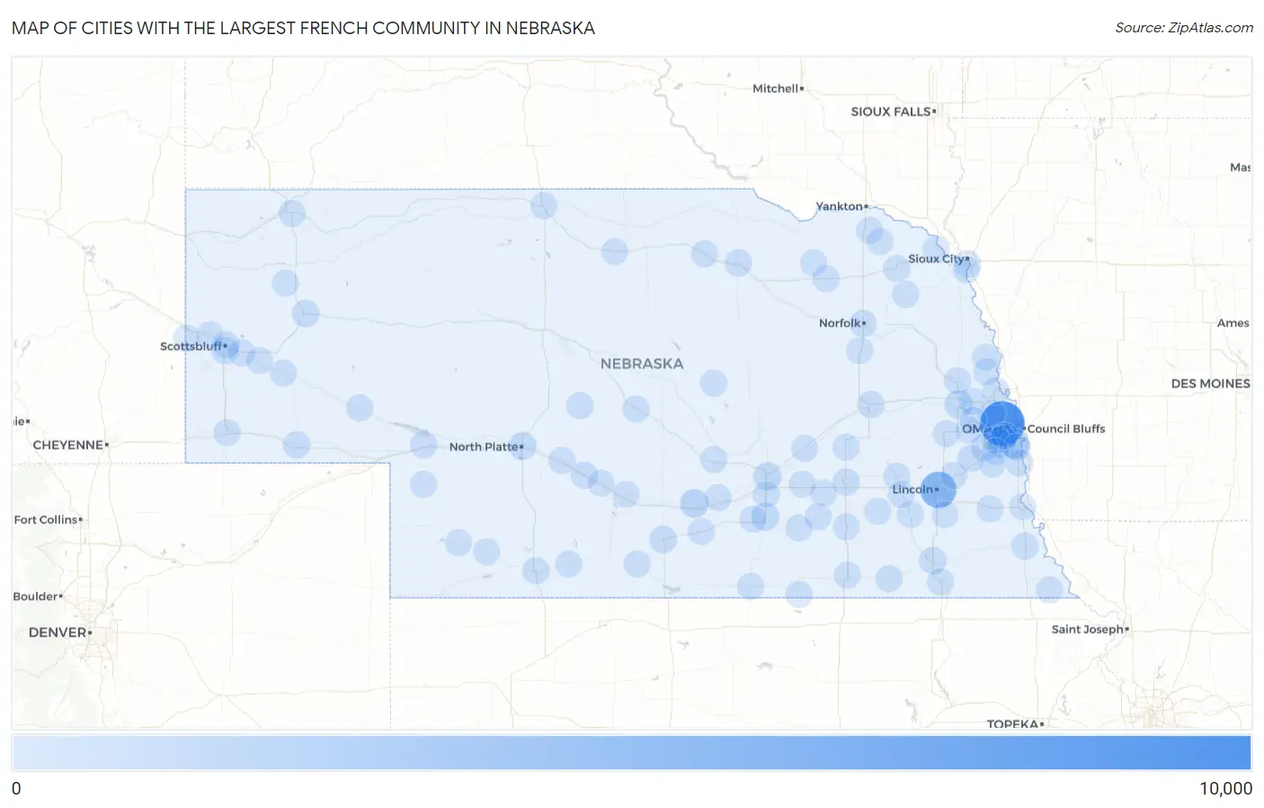 Cities with the Largest French Community in Nebraska Map