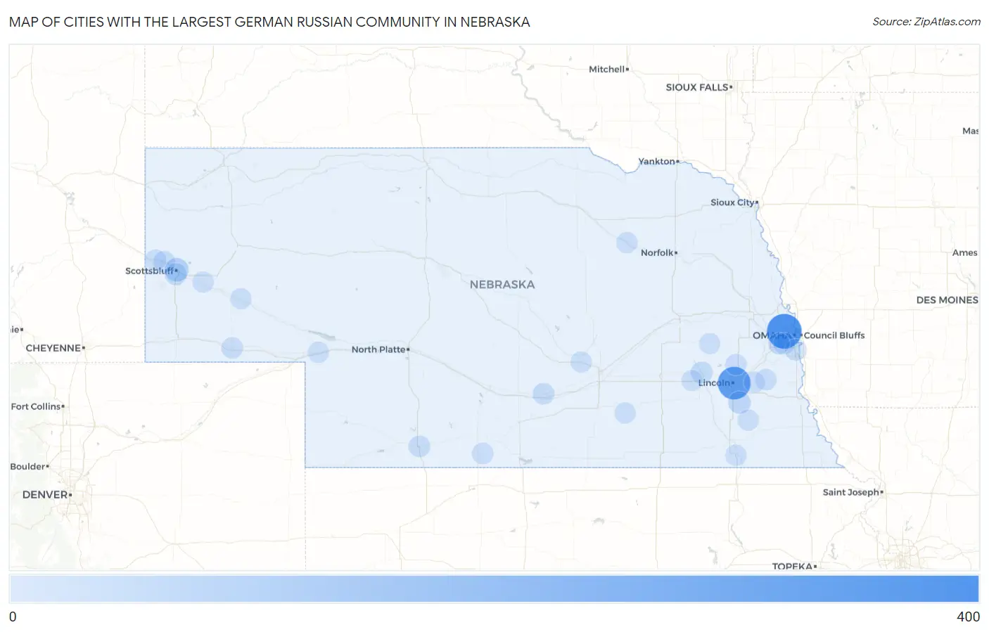 Cities with the Largest German Russian Community in Nebraska Map