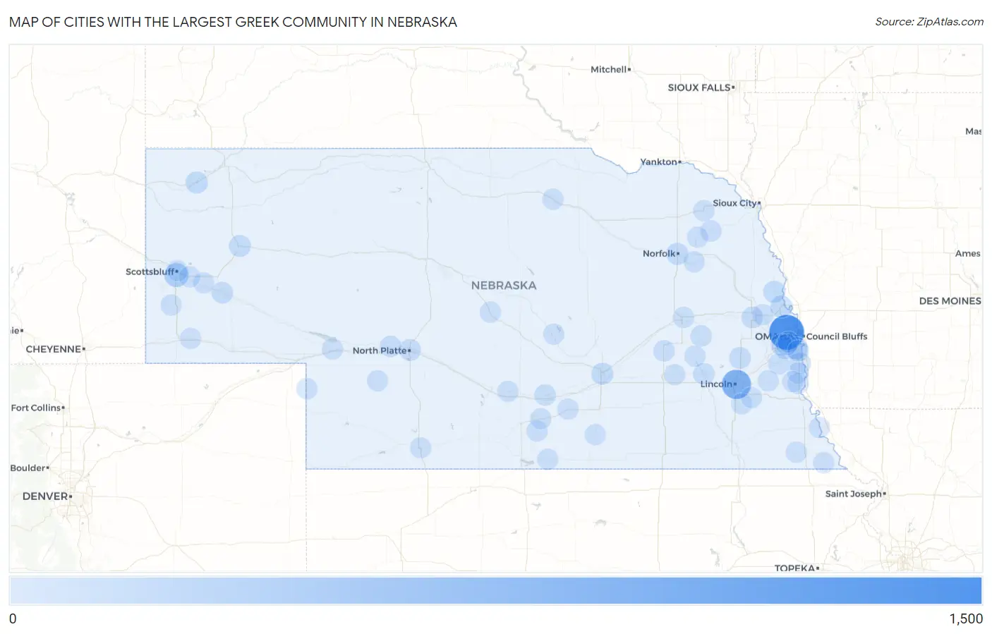 Cities with the Largest Greek Community in Nebraska Map