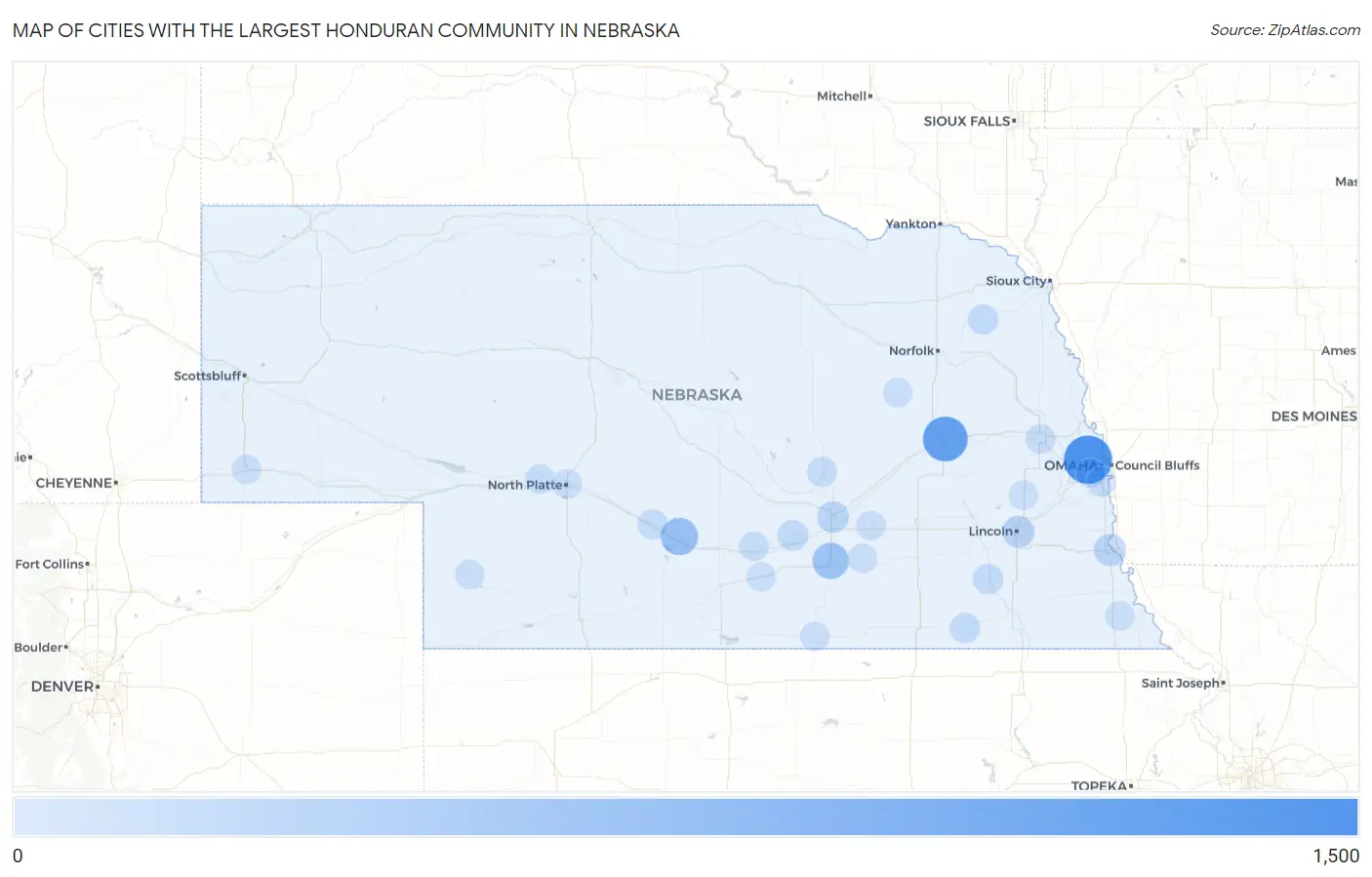 Cities with the Largest Honduran Community in Nebraska Map