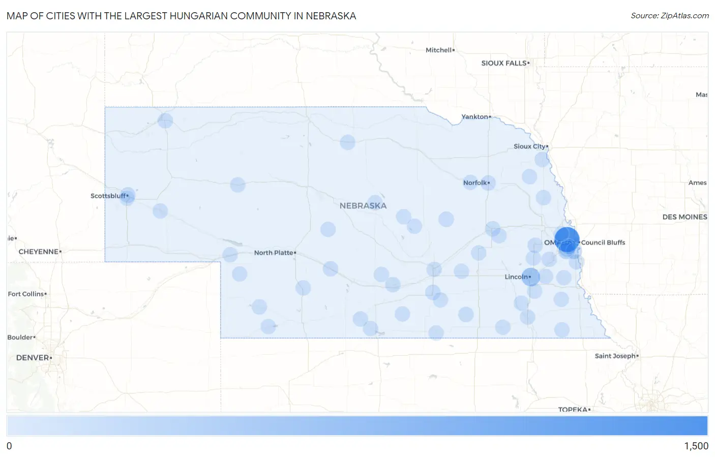 Cities with the Largest Hungarian Community in Nebraska Map