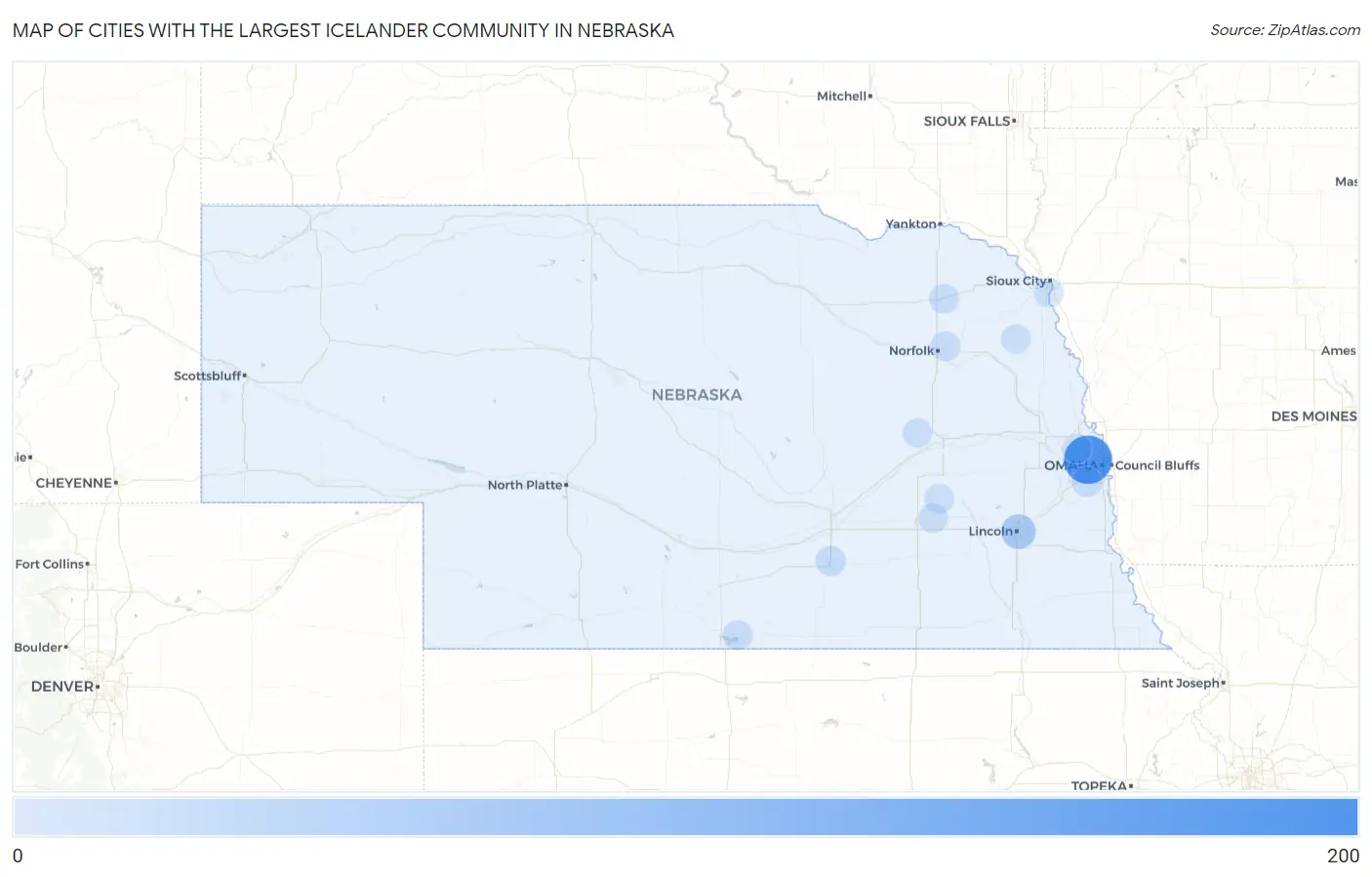 Cities with the Largest Icelander Community in Nebraska Map