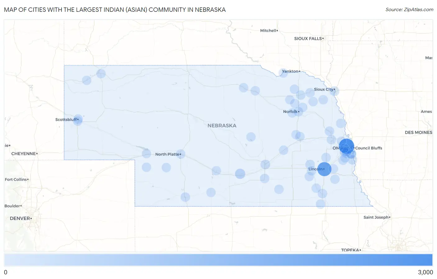Cities with the Largest Indian (Asian) Community in Nebraska Map