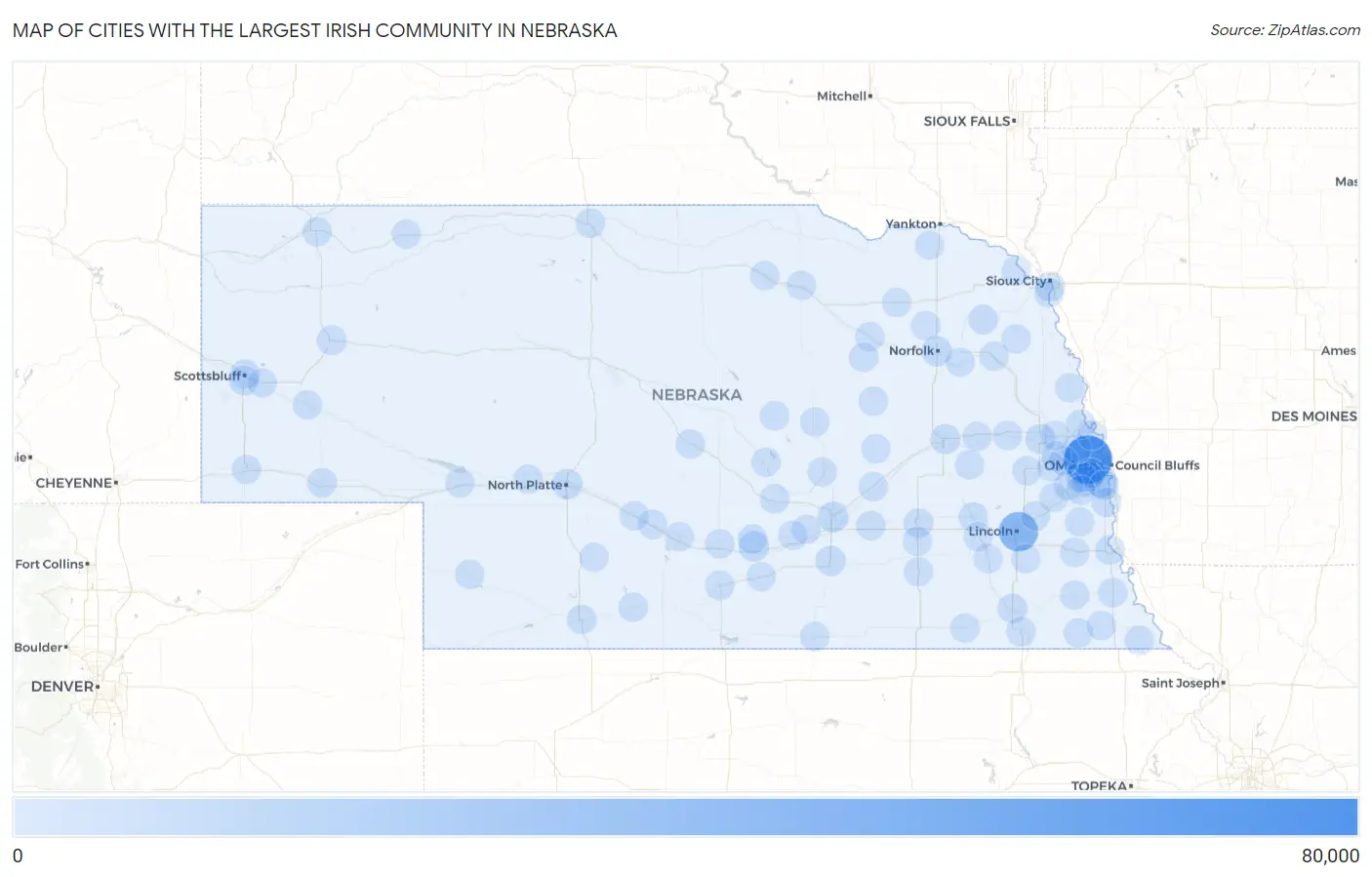 Cities with the Largest Irish Community in Nebraska Map