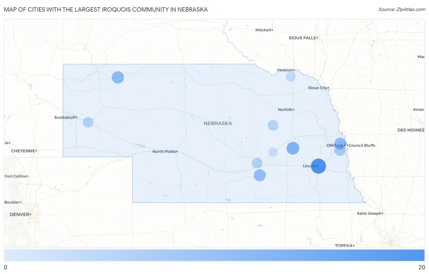 Cities with the Largest Iroquois Community in Nebraska Map