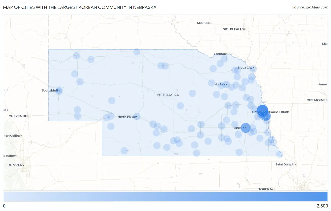 Cities with the Largest Korean Community in Nebraska Map