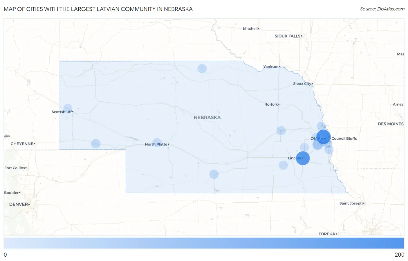 Cities with the Largest Latvian Community in Nebraska Map