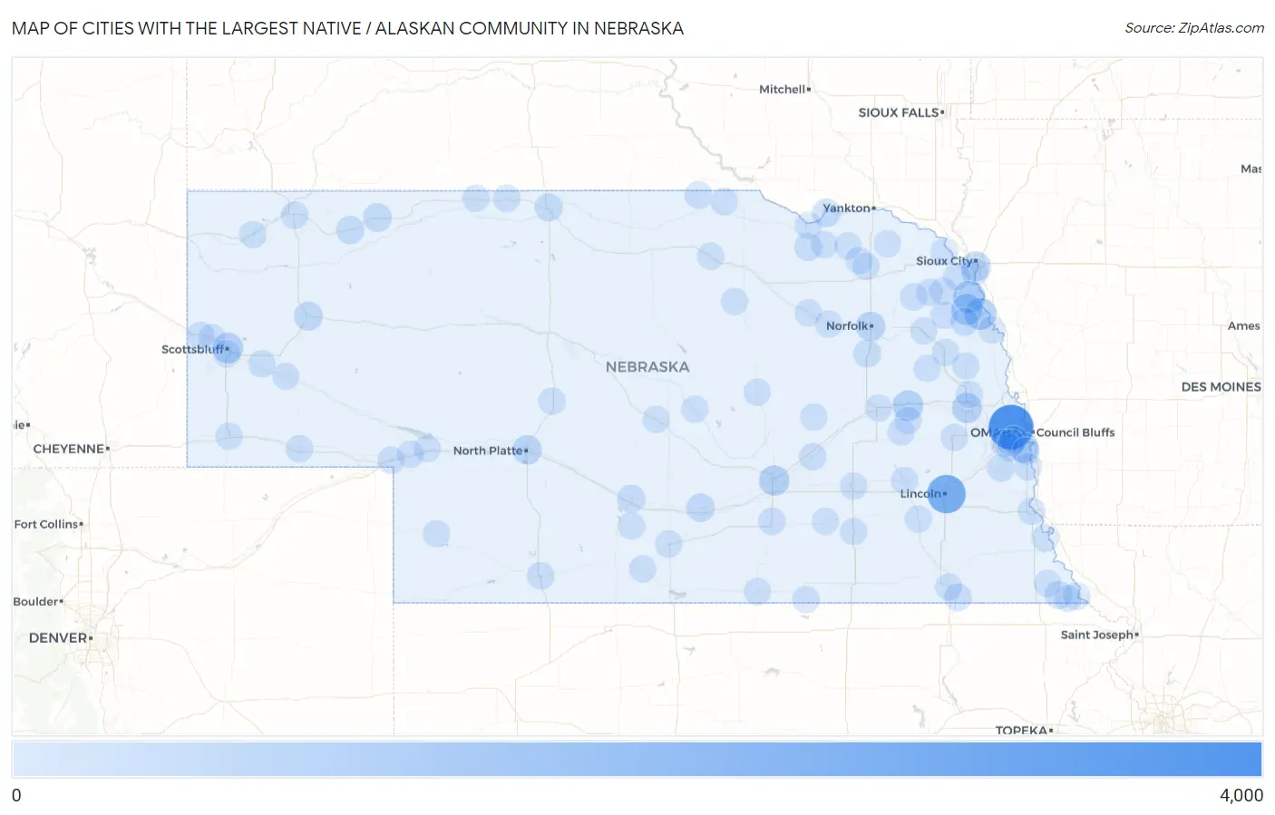 Cities with the Largest Native / Alaskan Community in Nebraska Map