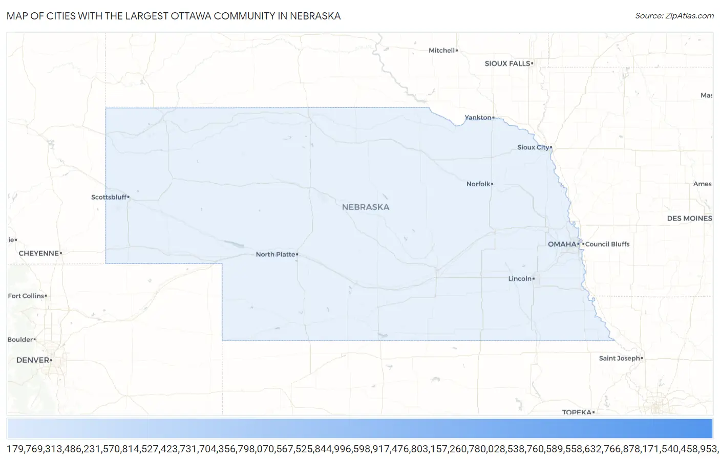 Cities with the Largest Ottawa Community in Nebraska Map