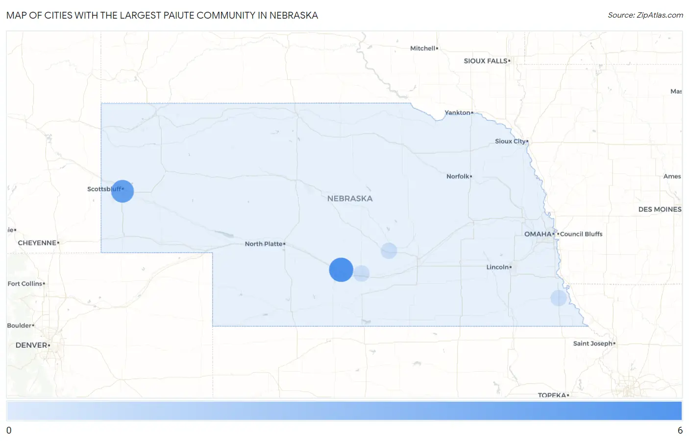 Cities with the Largest Paiute Community in Nebraska Map
