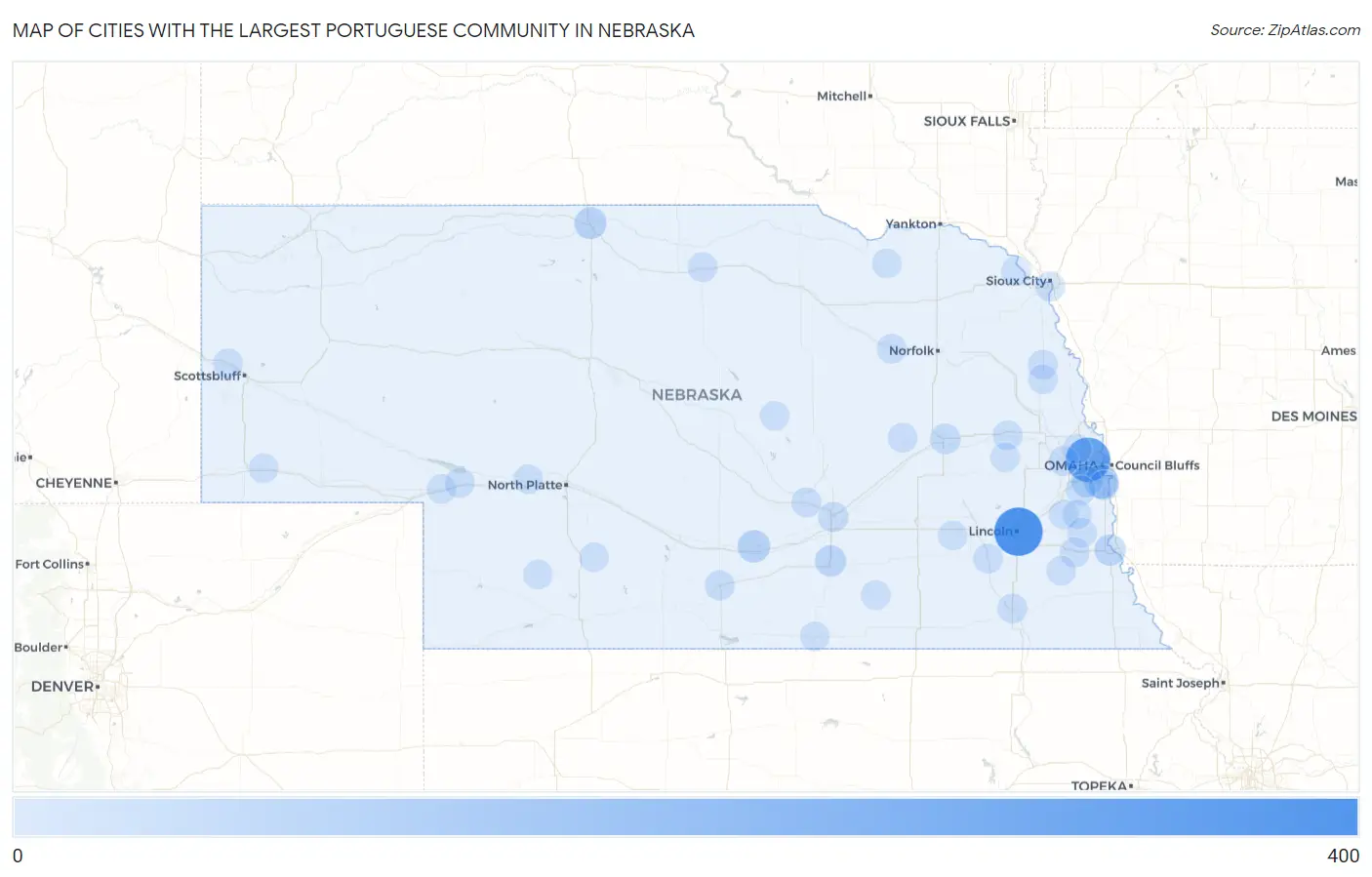 Cities with the Largest Portuguese Community in Nebraska Map