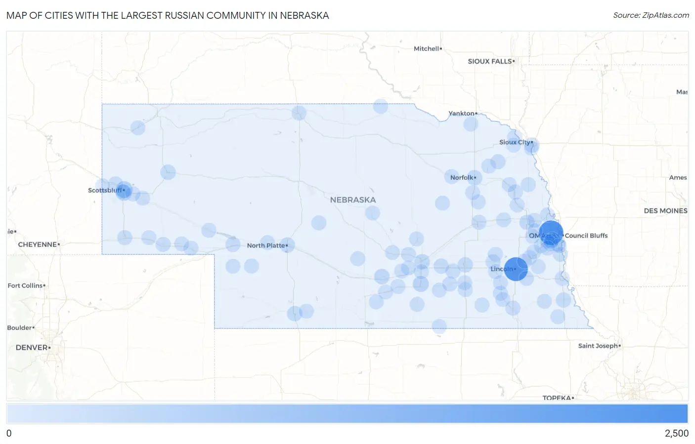 Cities with the Largest Russian Community in Nebraska Map