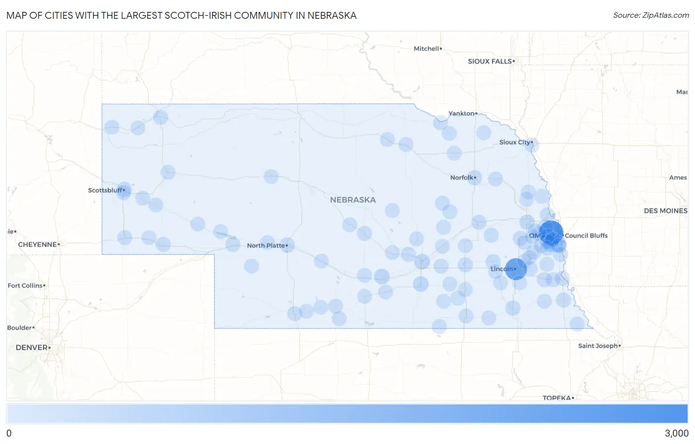 Cities with the Largest Scotch-Irish Community in Nebraska Map