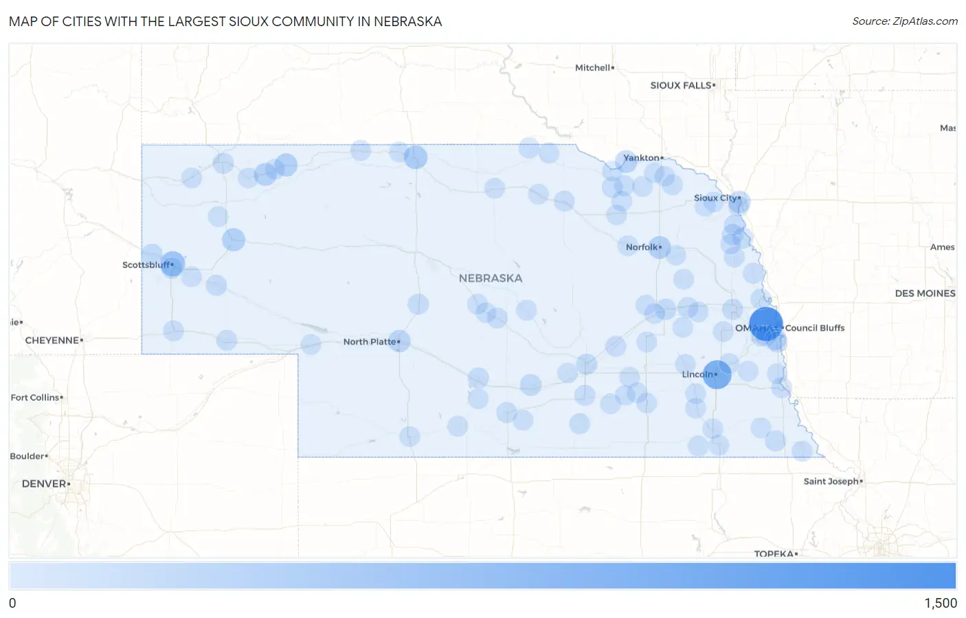 Cities with the Largest Sioux Community in Nebraska Map