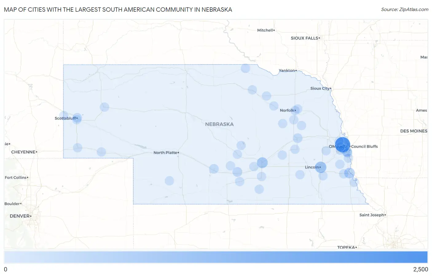 Cities with the Largest South American Community in Nebraska Map