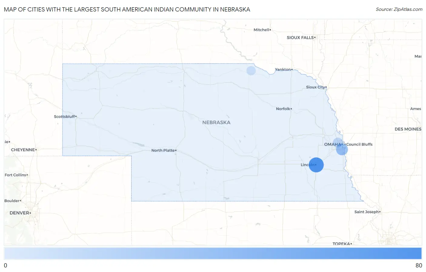 Cities with the Largest South American Indian Community in Nebraska Map