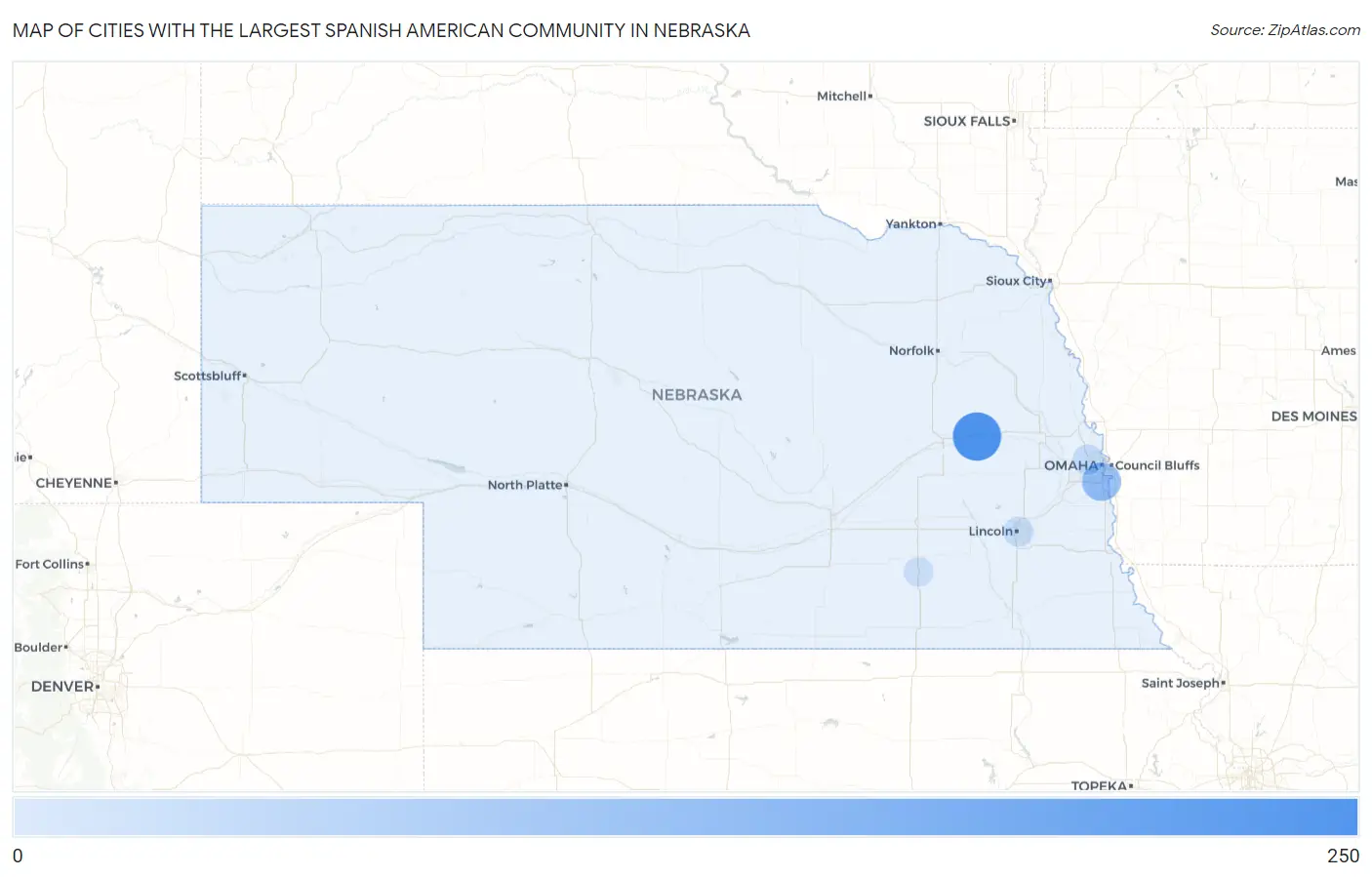 Cities with the Largest Spanish American Community in Nebraska Map