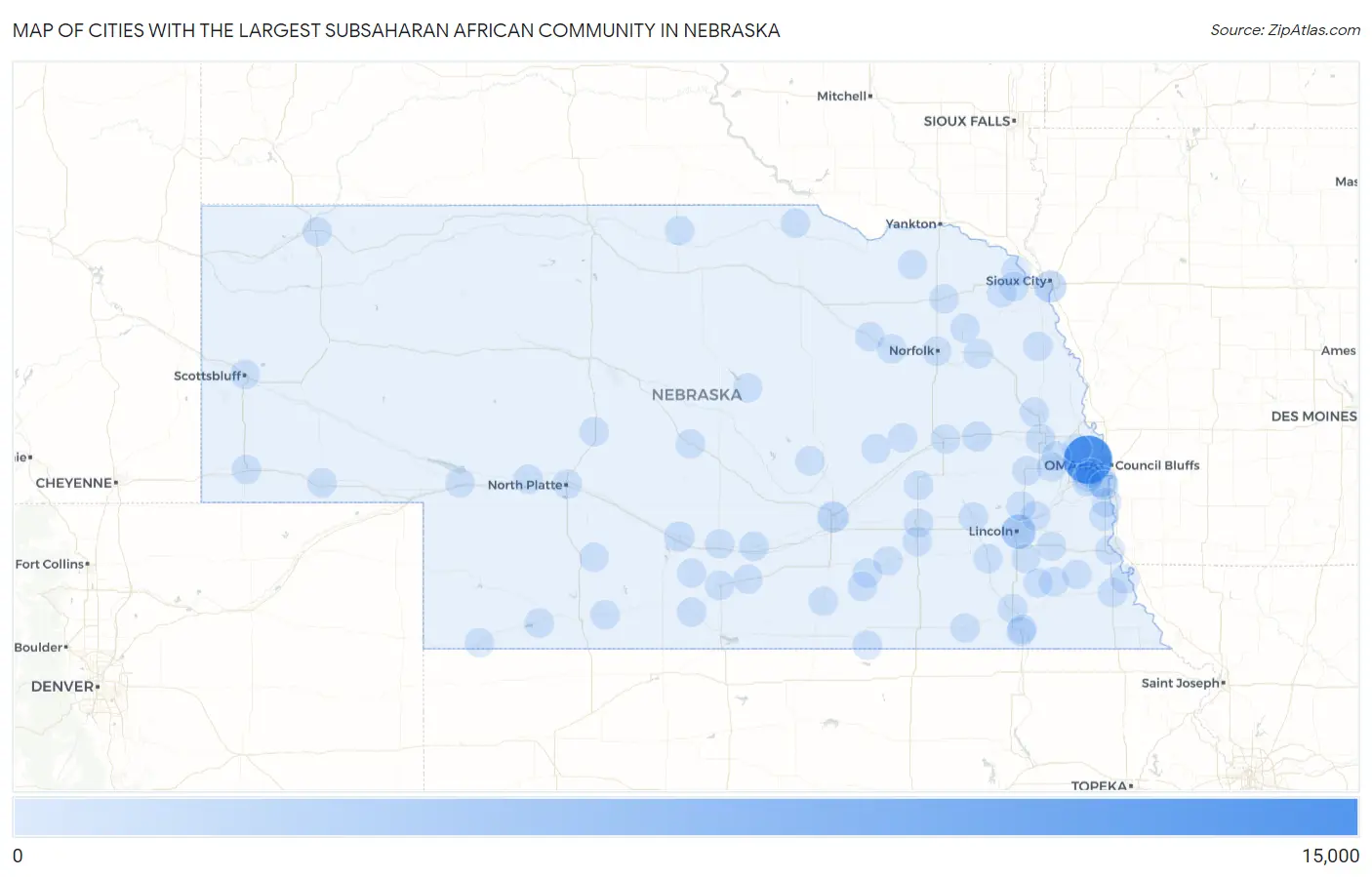 Cities with the Largest Subsaharan African Community in Nebraska Map