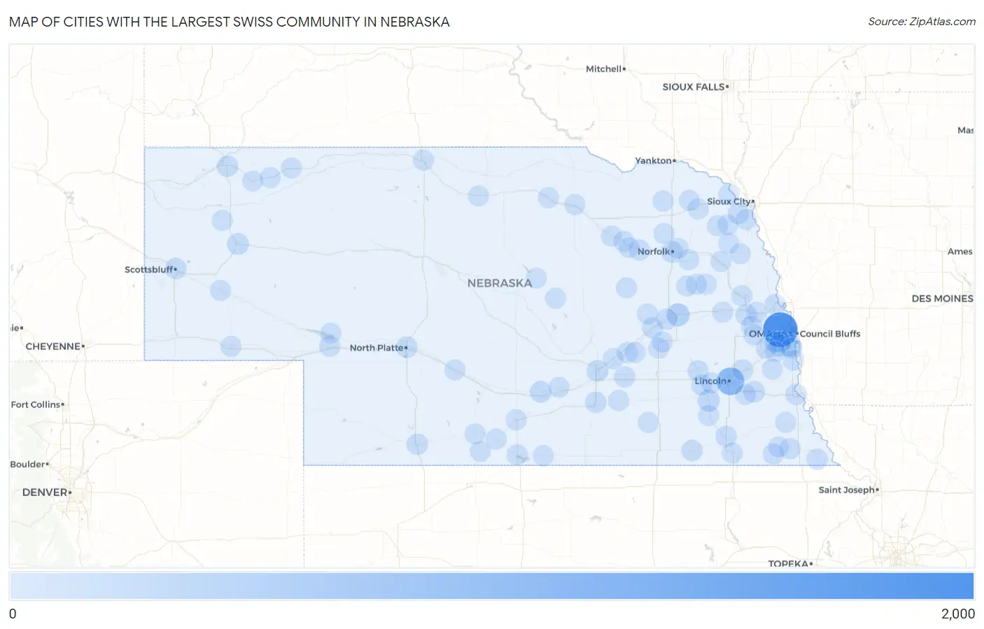 Cities with the Largest Swiss Community in Nebraska Map