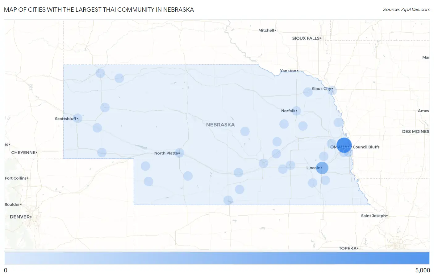 Cities with the Largest Thai Community in Nebraska Map