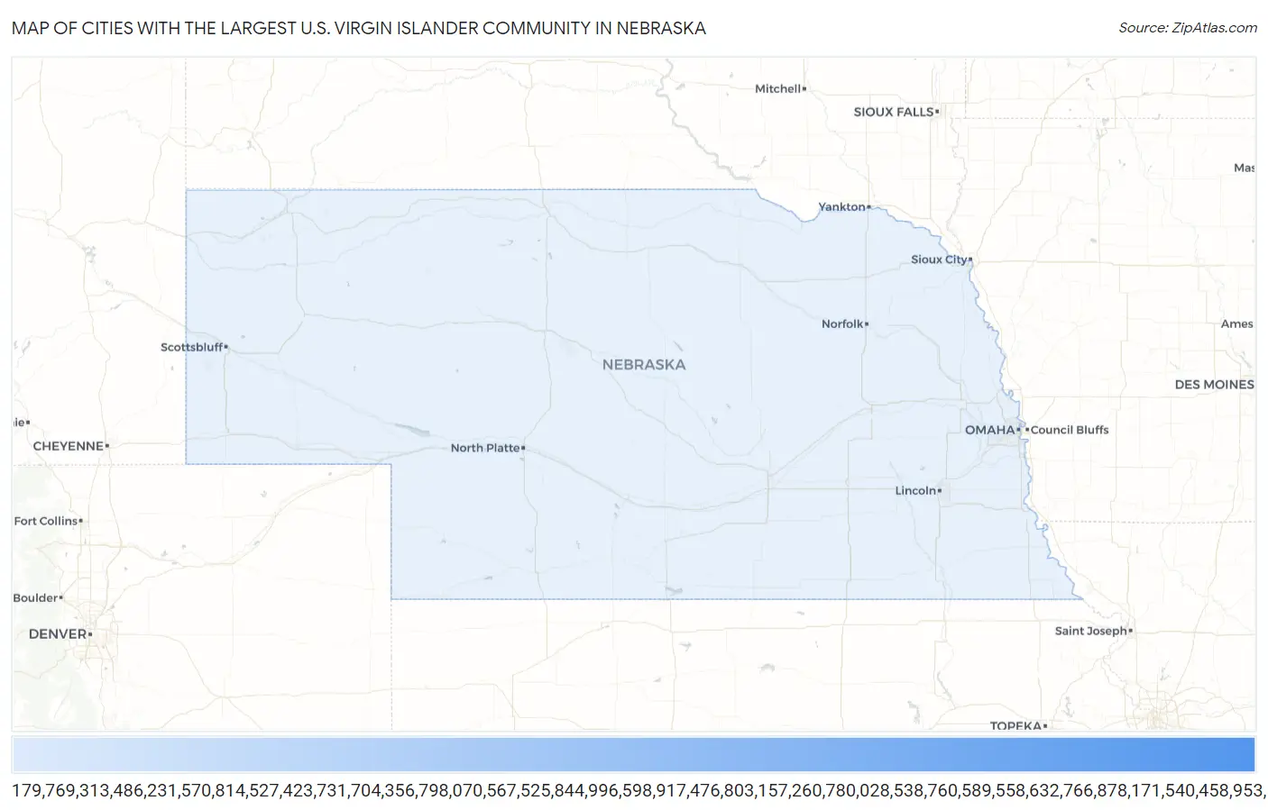 Cities with the Largest U.S. Virgin Islander Community in Nebraska Map