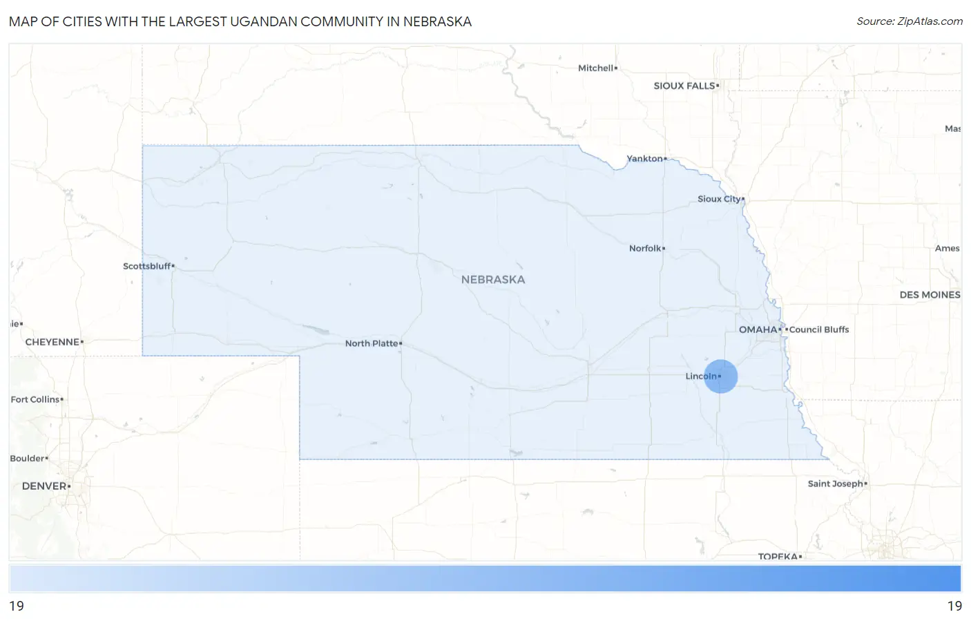 Cities with the Largest Ugandan Community in Nebraska Map