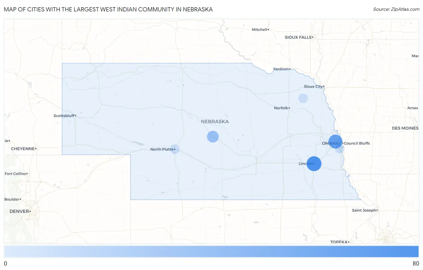 Cities with the Largest West Indian Community in Nebraska Map
