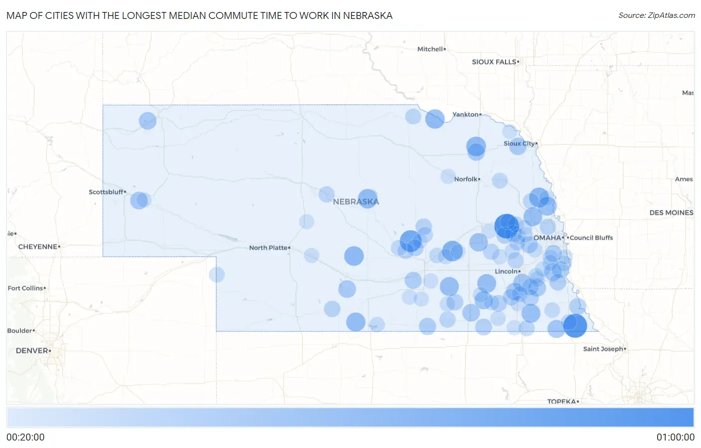 Cities with the Longest Median Commute Time to Work in Nebraska Map
