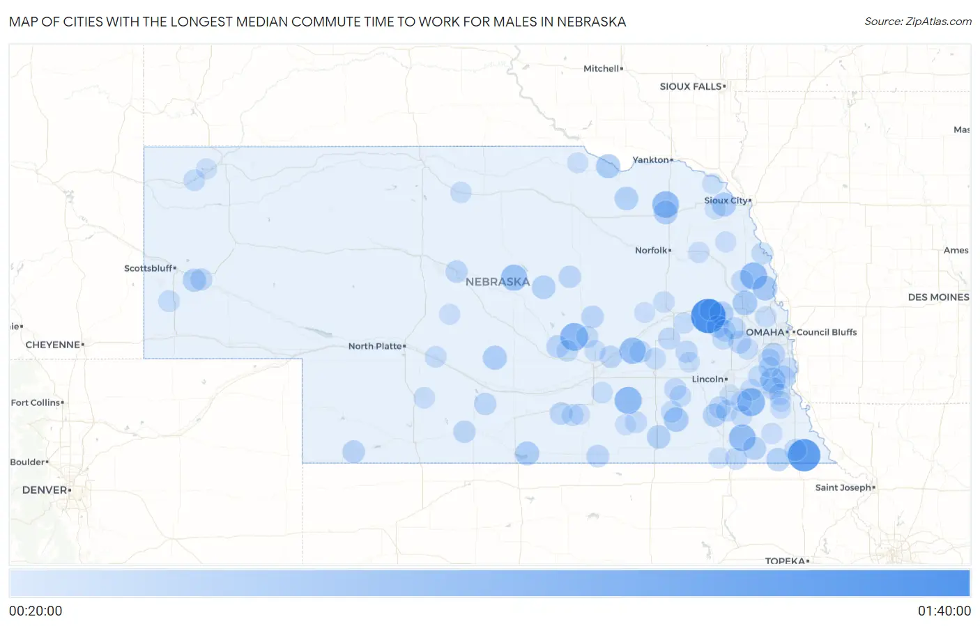 Cities with the Longest Median Commute Time to Work for Males in Nebraska Map