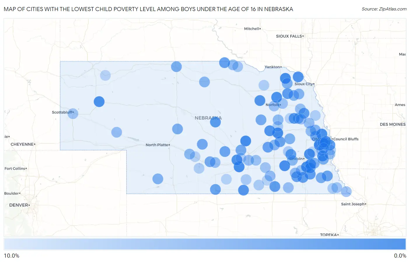 Cities with the Lowest Child Poverty Level Among Boys Under the Age of 16 in Nebraska Map