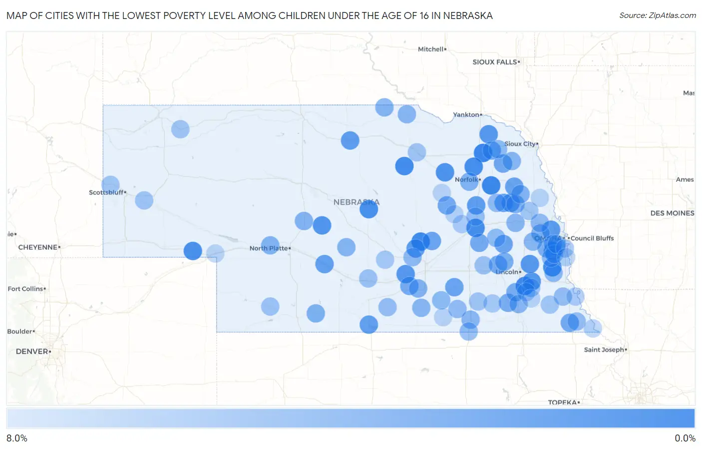 Cities with the Lowest Poverty Level Among Children Under the Age of 16 in Nebraska Map