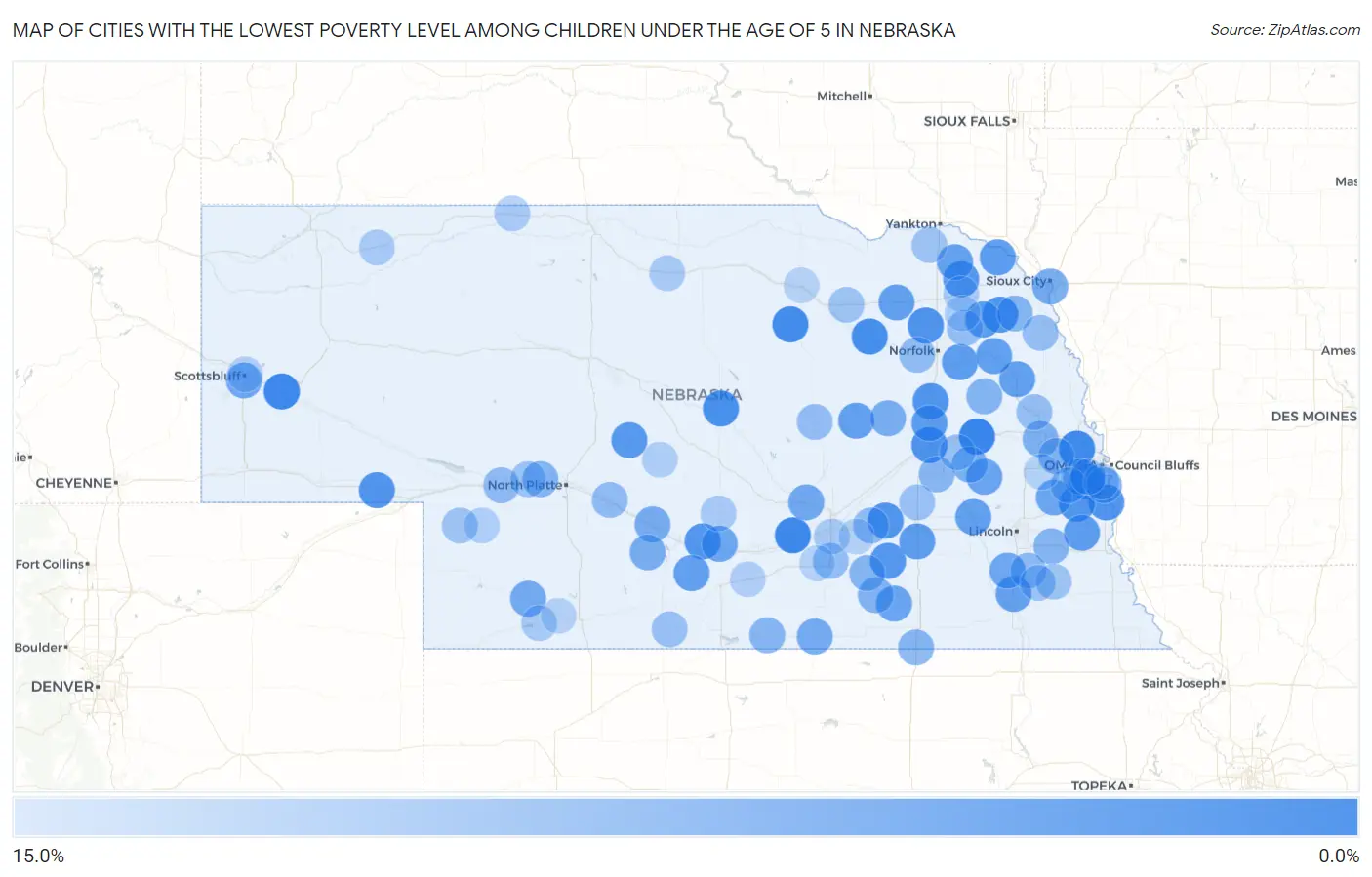 Cities with the Lowest Poverty Level Among Children Under the Age of 5 in Nebraska Map