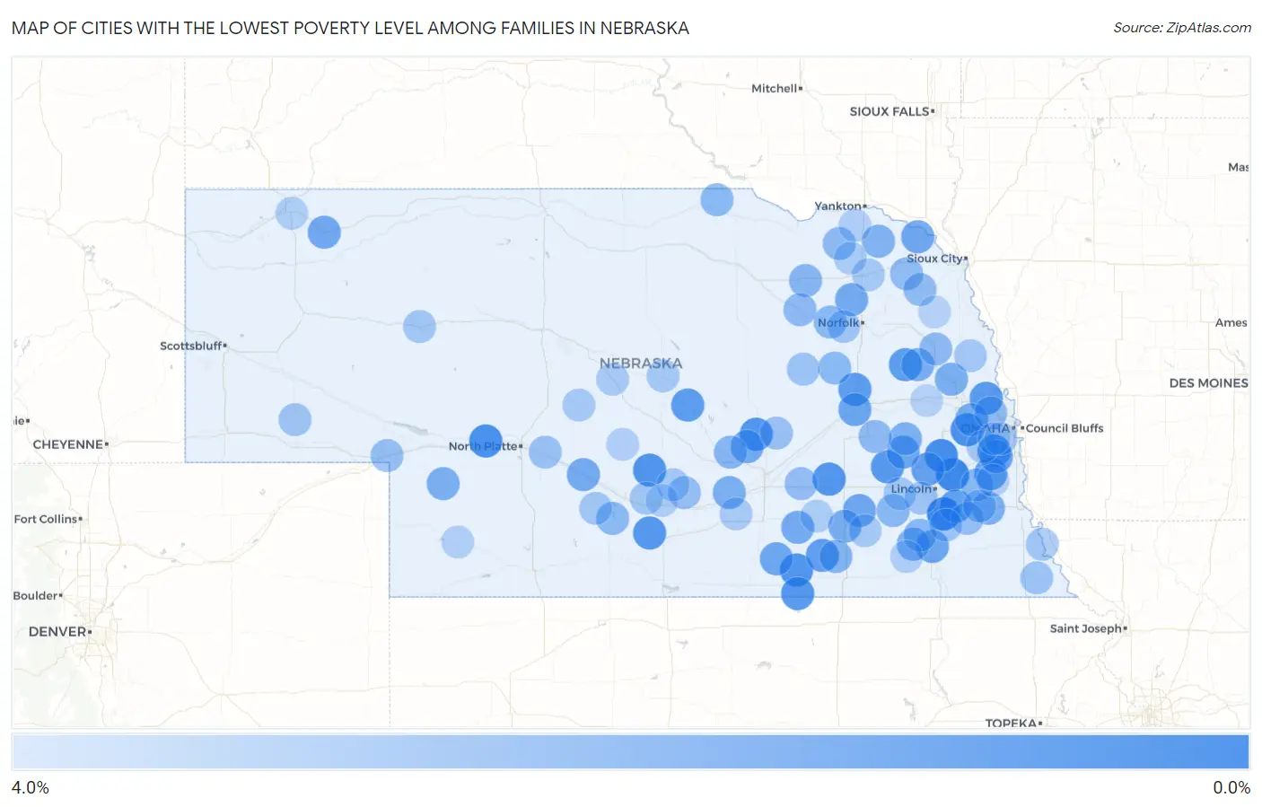 Cities with the Lowest Poverty Level Among Families in Nebraska Map