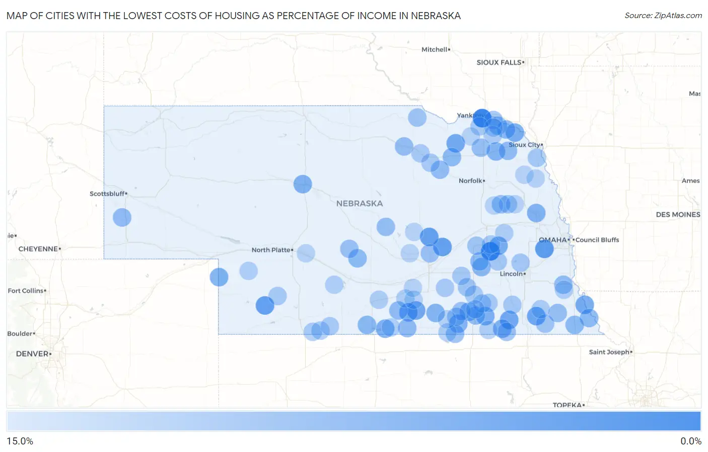 Cities with the Lowest Costs of Housing as Percentage of Income in Nebraska Map