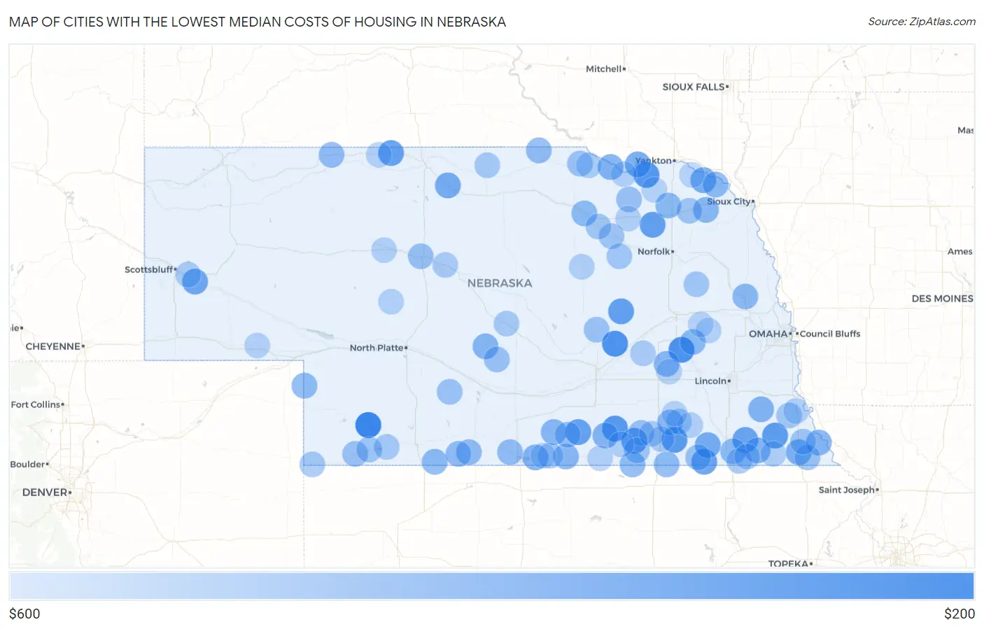 Cities with the Lowest Median Costs of Housing in Nebraska Map