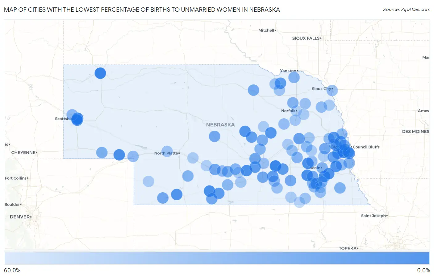 Cities with the Lowest Percentage of Births to Unmarried Women in Nebraska Map