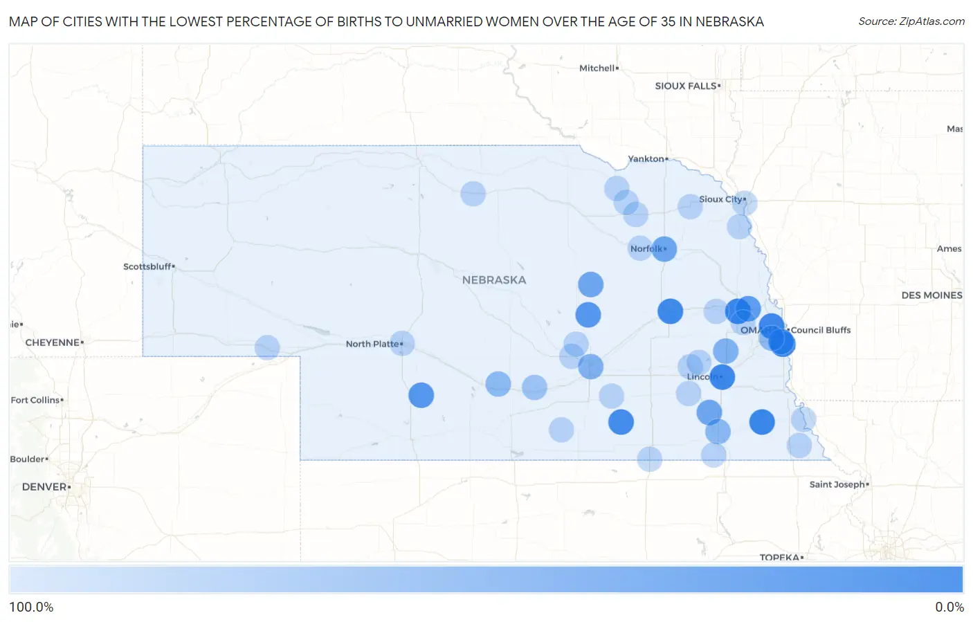 Cities with the Lowest Percentage of Births to Unmarried Women over the Age of 35 in Nebraska Map