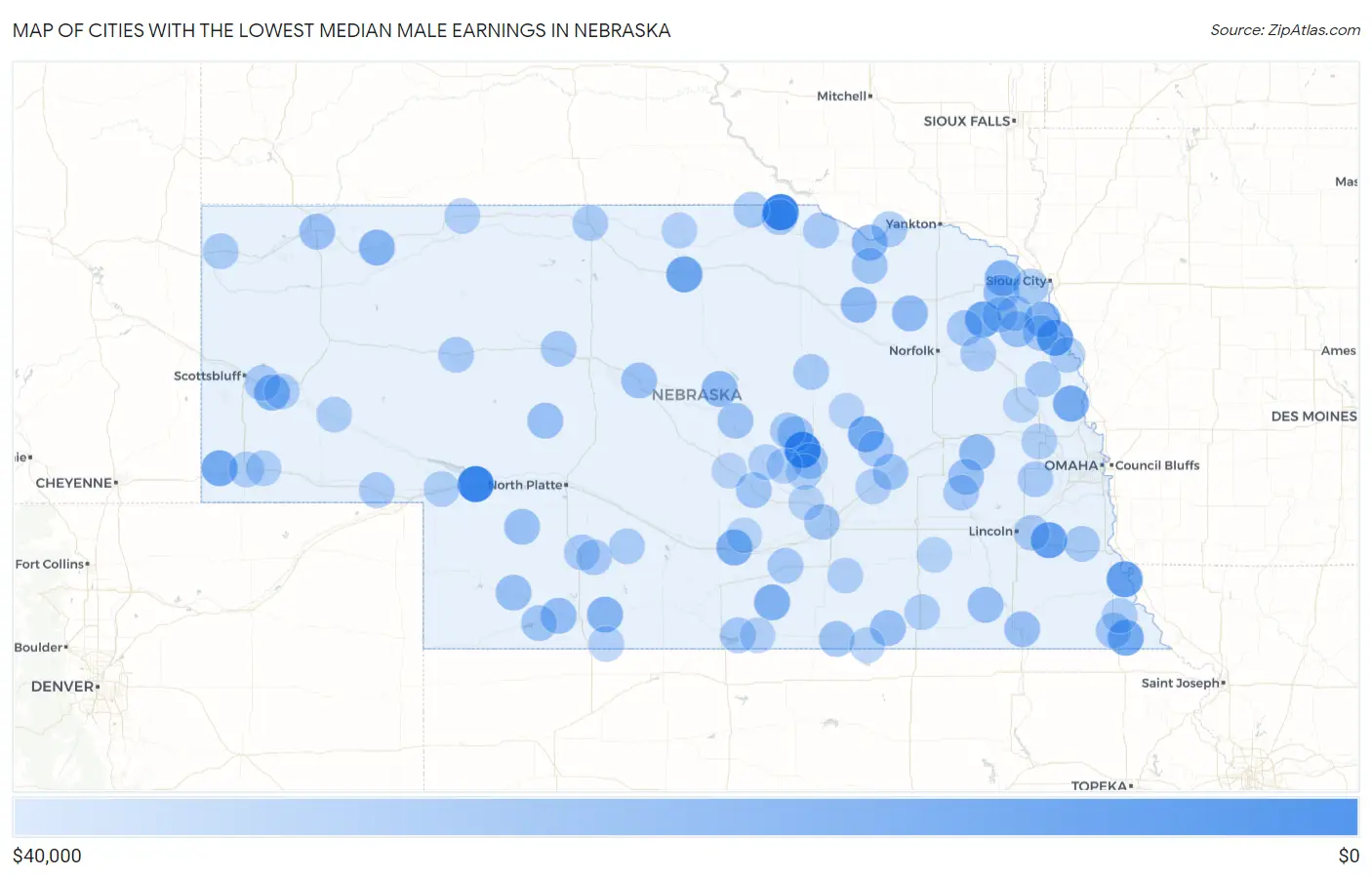 Cities with the Lowest Median Male Earnings in Nebraska Map