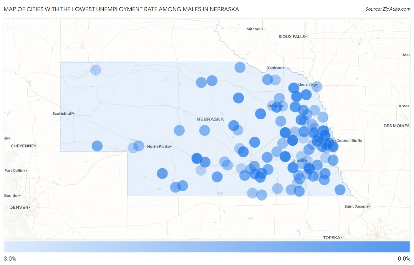 Cities with the Lowest Unemployment Rate Among Males in Nebraska Map