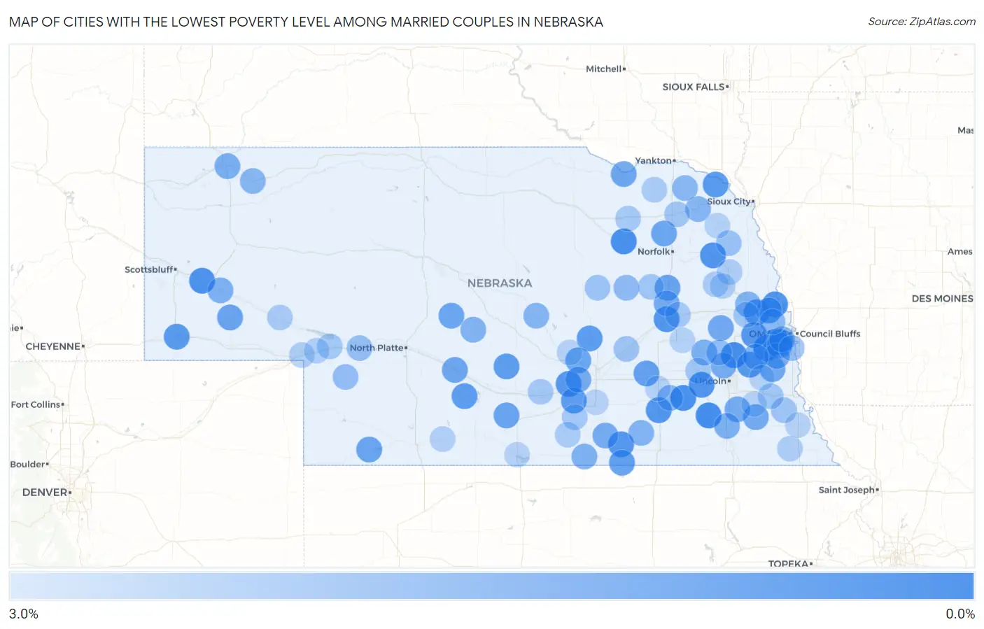 Cities with the Lowest Poverty Level Among Married Couples in Nebraska Map