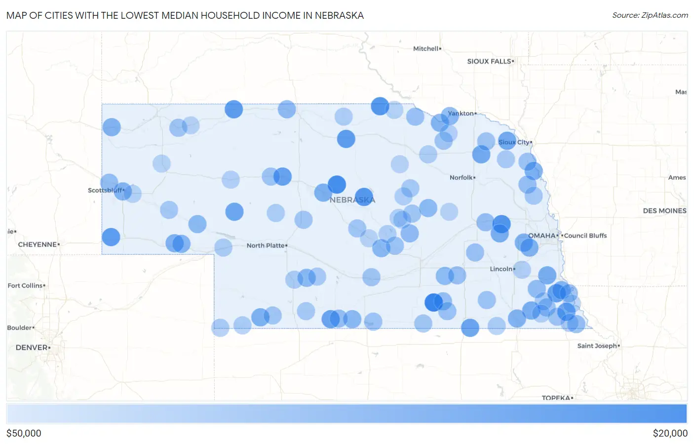 Cities with the Lowest Median Household Income in Nebraska Map