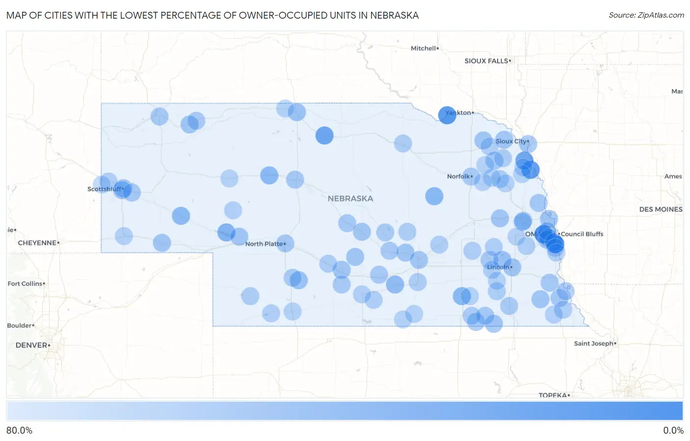 Cities with the Lowest Percentage of Owner-Occupied Units in Nebraska Map
