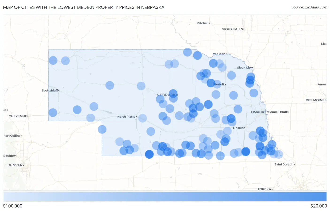 Cities with the Lowest Median Property Prices in Nebraska Map