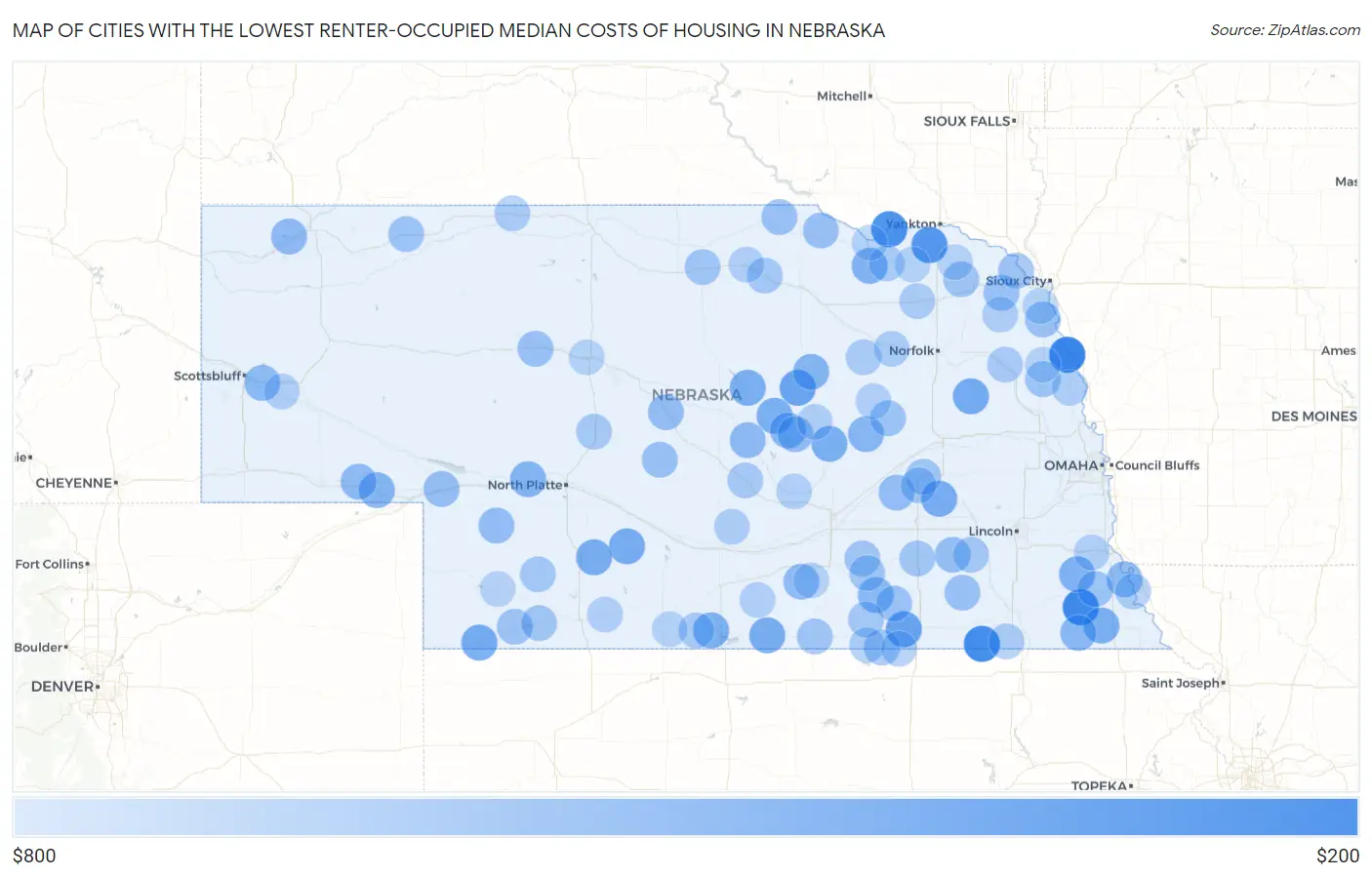 Cities with the Lowest Renter-Occupied Median Costs of Housing in Nebraska Map