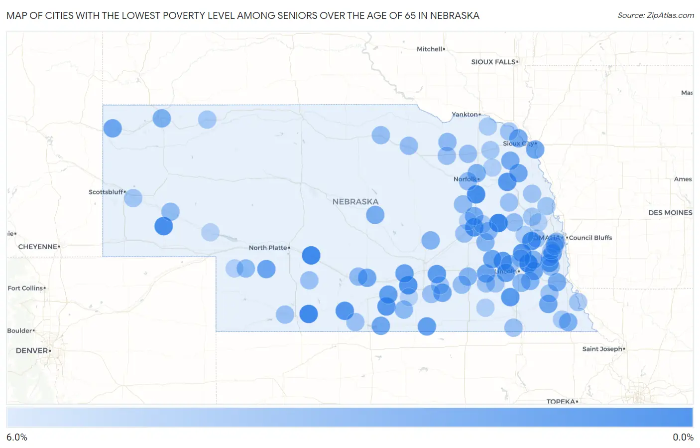 Cities with the Lowest Poverty Level Among Seniors Over the Age of 65 in Nebraska Map