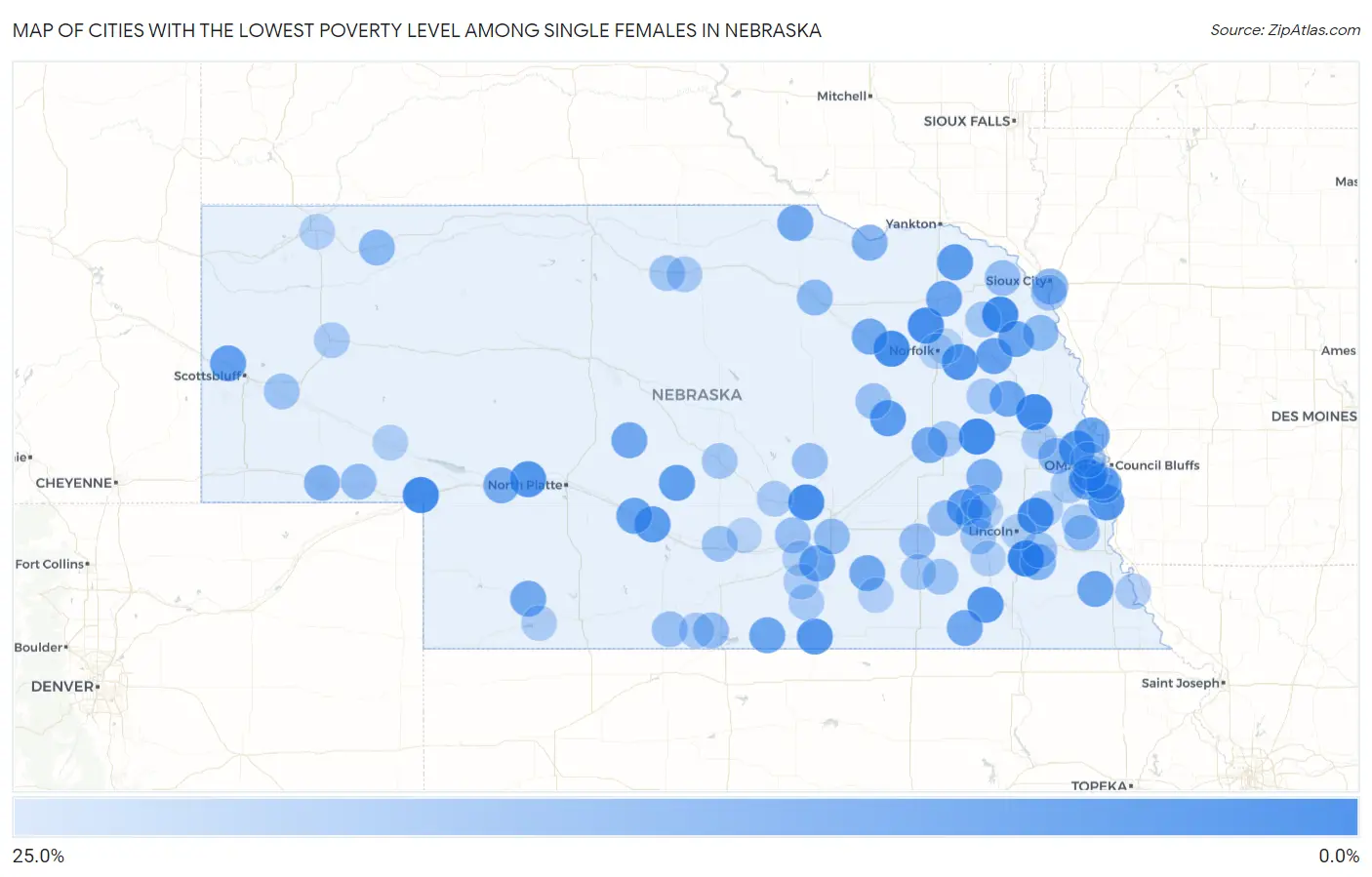 Cities with the Lowest Poverty Level Among Single Females in Nebraska Map