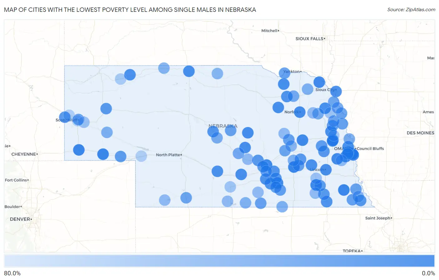 Cities with the Lowest Poverty Level Among Single Males in Nebraska Map
