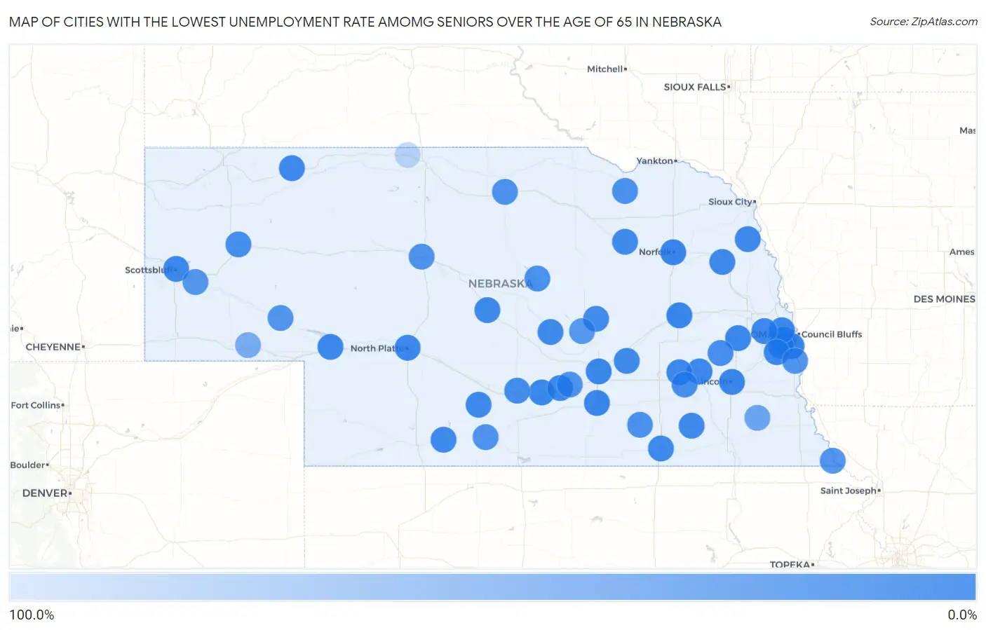 Cities with the Lowest Unemployment Rate Amomg Seniors Over the Age of 65 in Nebraska Map