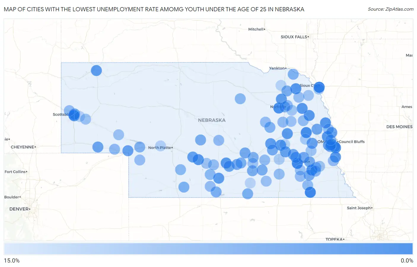 Cities with the Lowest Unemployment Rate Amomg Youth Under the Age of 25 in Nebraska Map